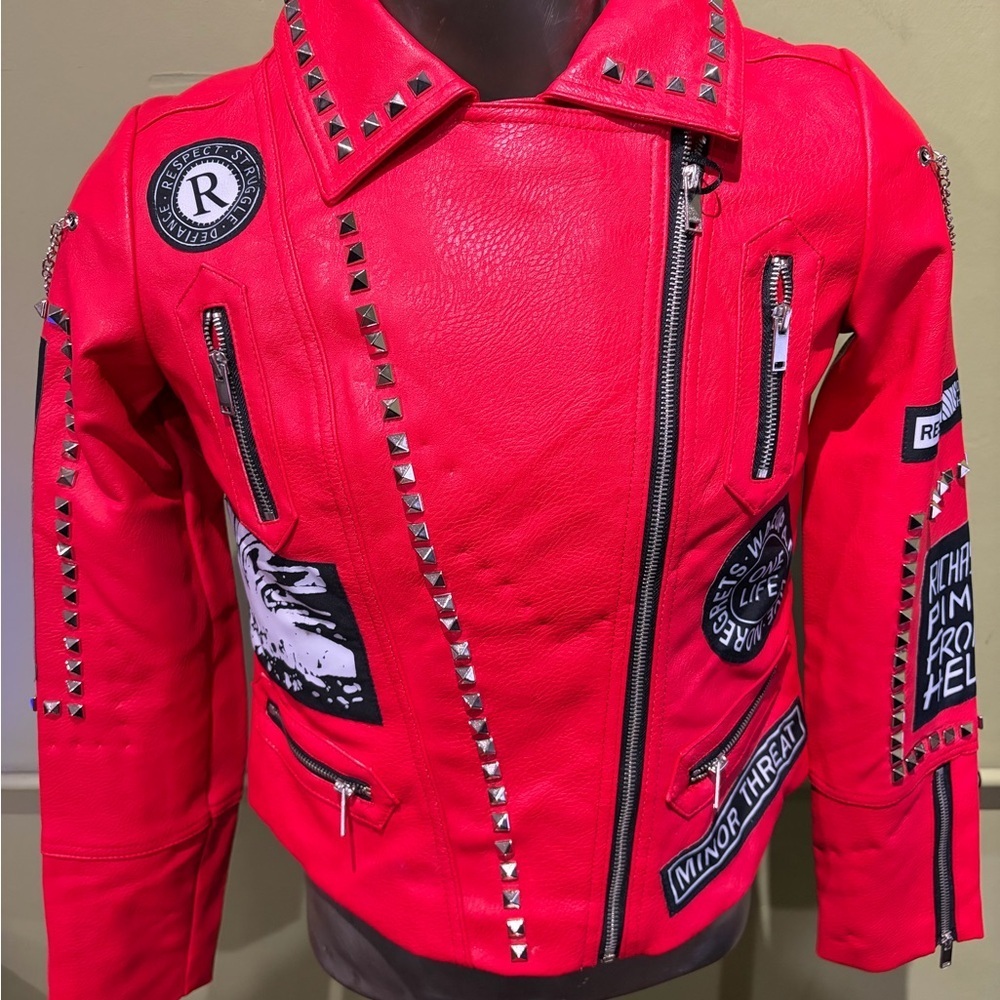 Robert Phillipe women Red Studded Biker Jacket with Patches vegan leather